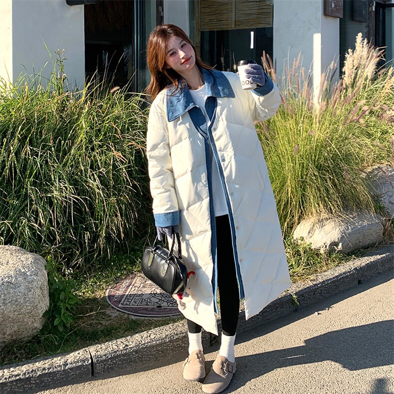 设计感白色菱格长款羽绒服女冬2024新款加厚牛仔假两件白鸭绒外套,女装羽绒服,2C269