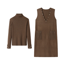 两件套钉珠半高领针织连衣裙女秋冬2025新款小个子显瘦打底毛衣裙，女装针织衫/毛衣，艾米