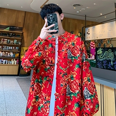 C88东北大花假两件长袖衬衫盘扣新中式汉服表演出团队男女大码潮，男装衬衫，星座115A(原星座507）