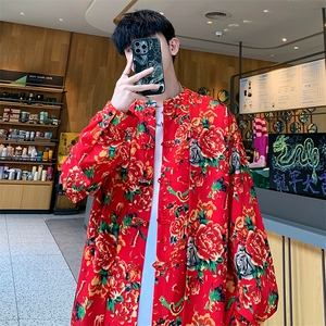 C88东北大花假两件长袖衬衫盘扣新中式汉服表演出团队男女大码潮图片