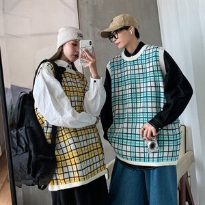韩版格子背心情侣无袖针织衫加厚潮流毛衣男女上衣外套QT801-P55图片