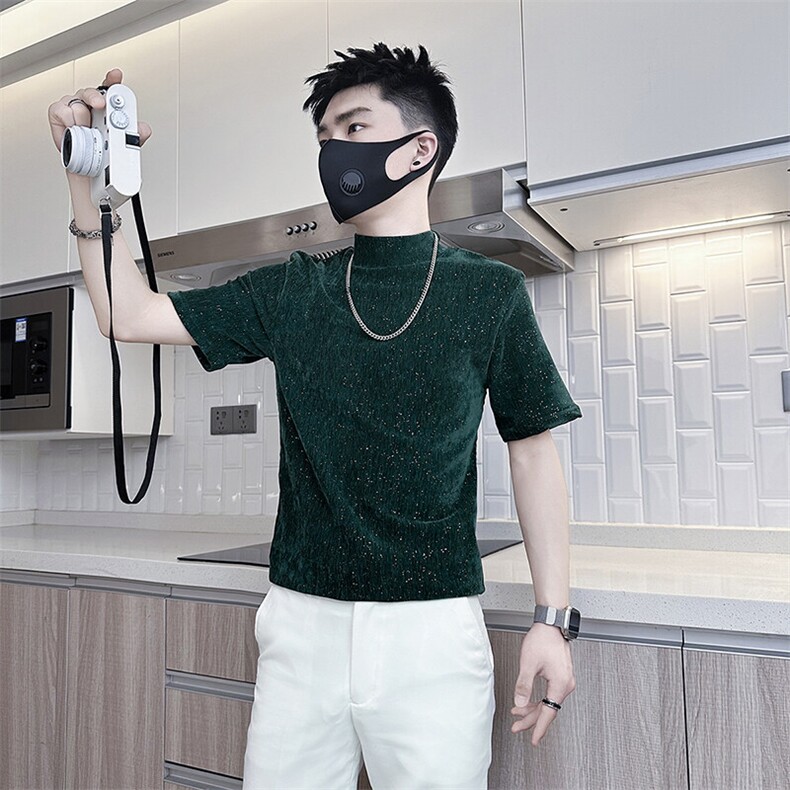 半高领打底衫男短袖T恤修身满天星烫钻社会小伙301C-DT75-P48控68,男装T恤,星座301C（原B323）