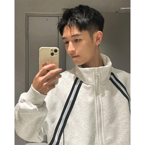 潮立领撞色条纹卫衣男春秋新款百搭宽松慵懒美式运动开衫外套图片