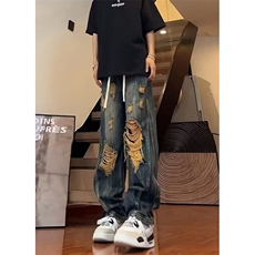 竹节纹破洞牛仔裤男夏季薄款工装乞丐裤子高街vibe阔腿裤N805，男装牛仔裤，星座1116A（原606A-3）
