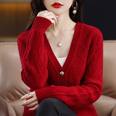 时尚百搭女士羊毛开衫修身显瘦扭花针织衫优雅紫色长袖外套，女装羊毛衫，莺澜羊绒
