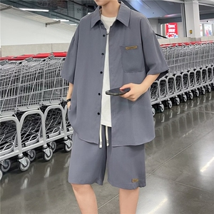 透气速干短袖衬衫男士夏季薄款冰丝衬衣套装男款搭配休闲男装图片