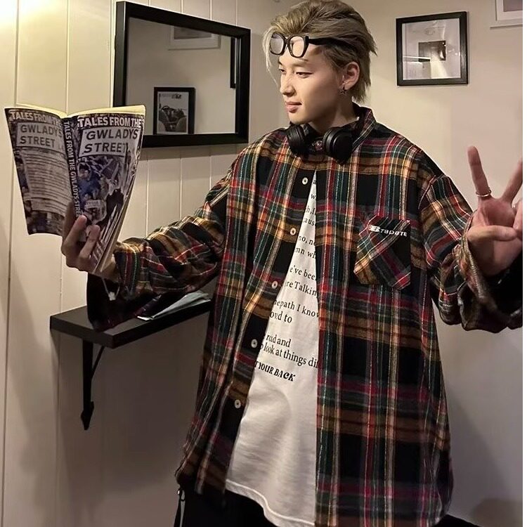 C261-P372024美式复古格子衬衫男秋季新款宽松撞色中长款长袖,男装衬衫,电商B323A