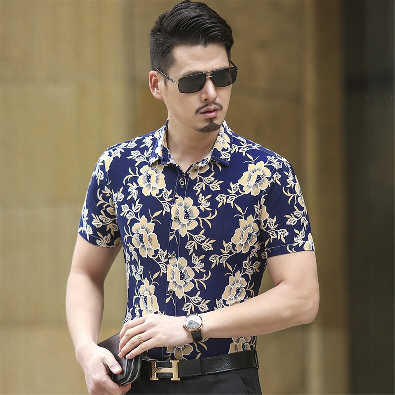 夏季新款男士花色衬衫加肥加大个性印花时尚休闲短袖衬衫662p50,男装衬衫,星座1507