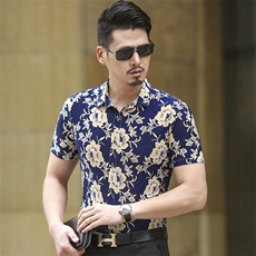 夏季新款男士花色衬衫加肥加大个性印花时尚休闲短袖衬衫662p50，男装衬衫，星座1507