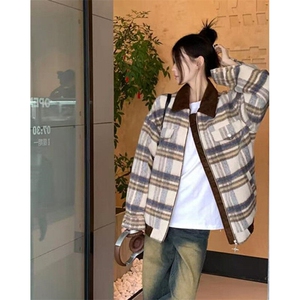 文艺日系气质时尚潮流秋冬复古格子毛呢外套女原宿新款 J221图片
