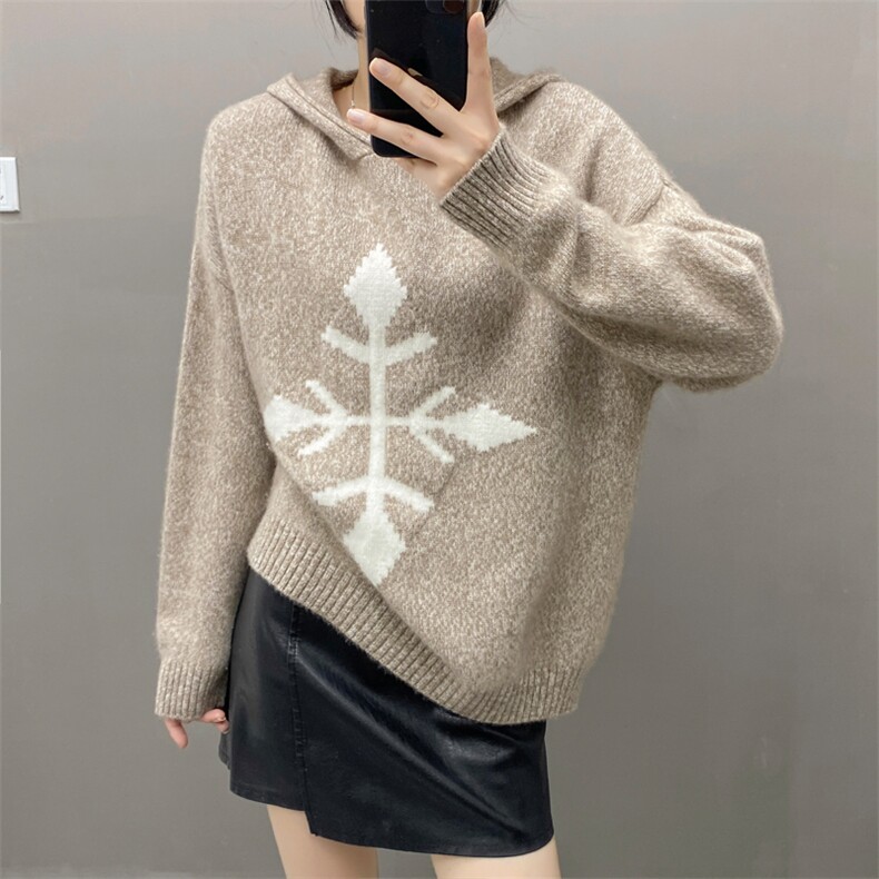 欧货秋冬康赛花纱软糯纯山羊绒衫女连帽毛衣加厚宽松慵懒针织打底,女装羊绒衫,织绒羊