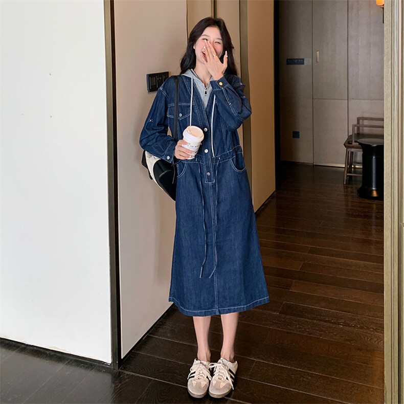 牛仔连衣裙女秋拼接假两件2024秋新款连帽休闲宽松减龄工装连衣裙,女装连衣裙,慧尚2-185