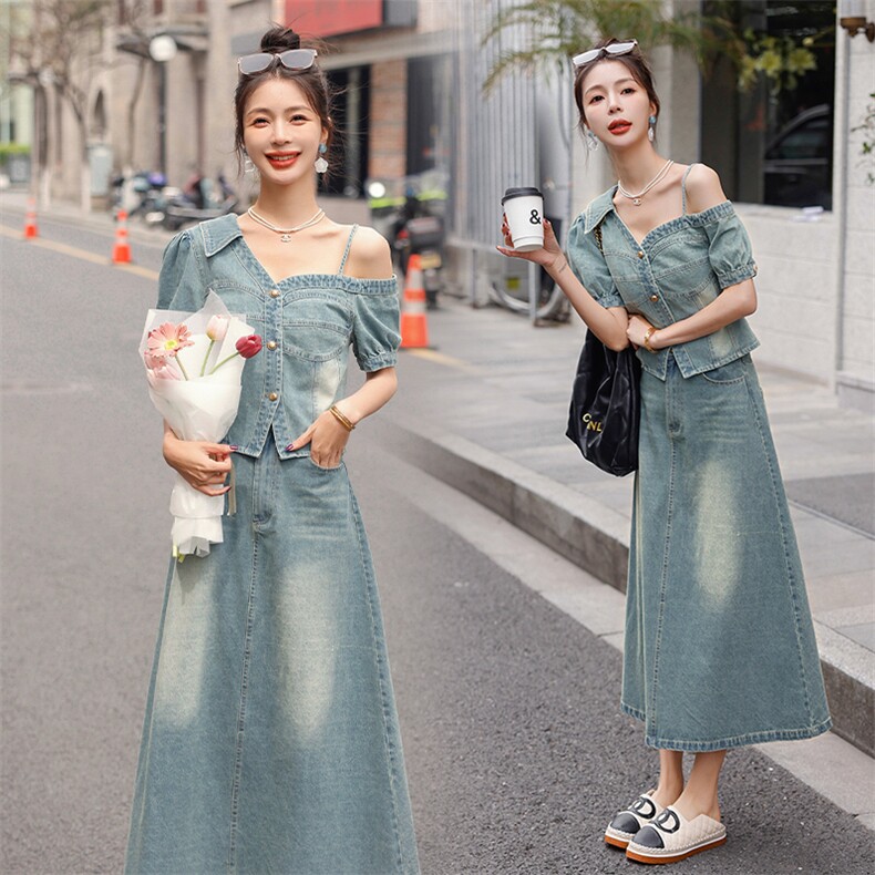 设计感小众牛仔套装裙女2024夏季新款不规则短袖上衣半身裙两件套图片