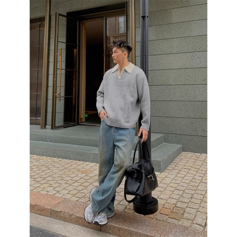 美式假两件秋冬撞色翻领Polo毛衣男复古宽松针织衫,男装针织衫/毛衣,四季星座505