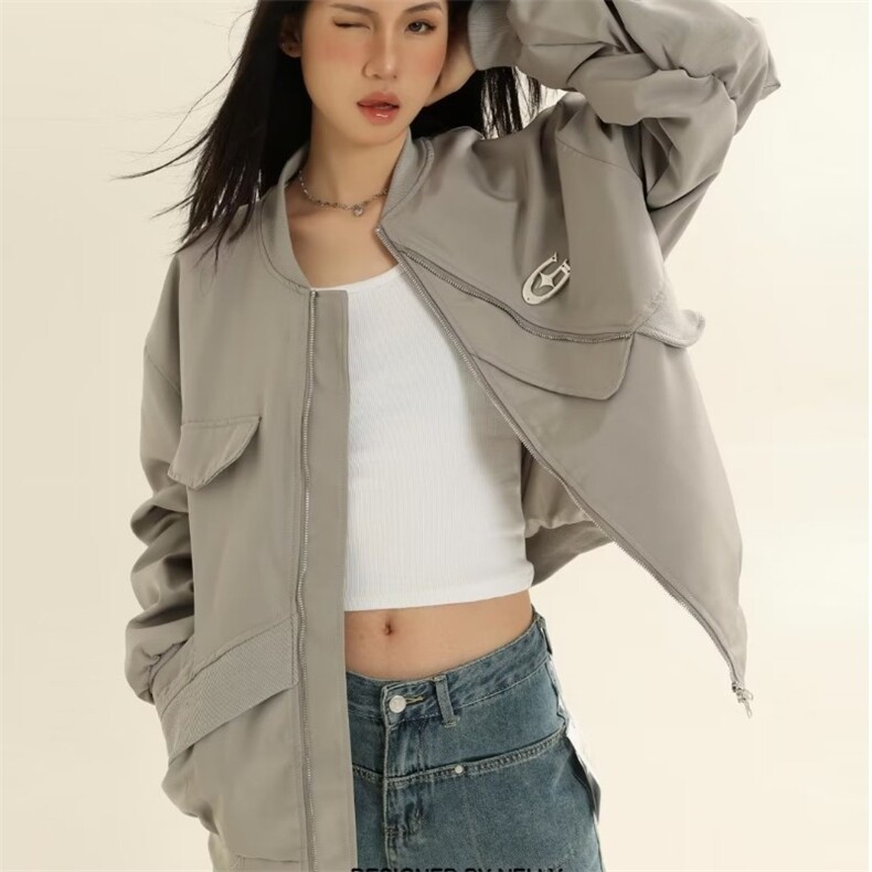 设计感小众不规则飞行员工装夹克女春秋美式复古宽松百搭情侣外套图片