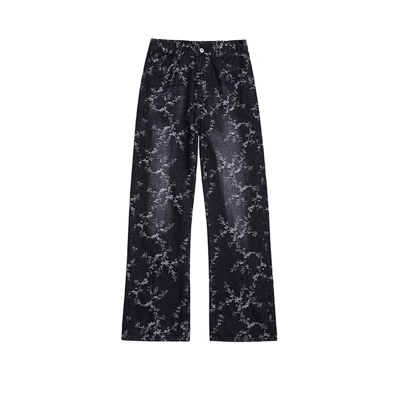 美式高街荆棘提花牛仔裤裤子男款水洗直筒微喇弯刀裤AM1052P42，男装牛仔裤，星座1013-5