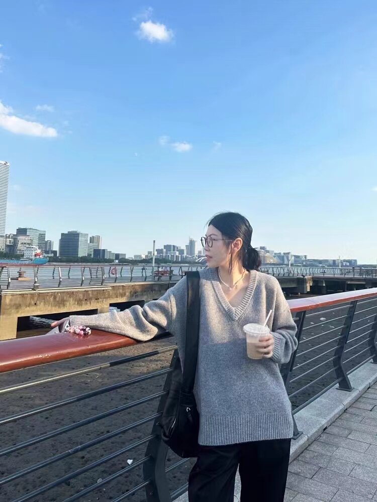 新款慵懒风软糯全V领针织衫毛衣女打底衫,针织衫/毛衣,半城羊绒