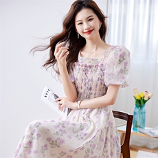 时尚气质连衣裙女2024年夏季法式短袖印花气质收腰显瘦过膝长款裙，女装连衣裙，天丽