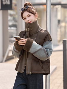 牛仔拼接短款羽绒服女2025冬季新款翻领加厚保暖羽绒外套图片