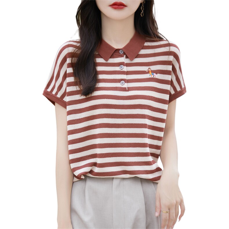 夏季洋气减龄POLO领针织衫短袖T恤女拼色条纹休闲翻领百搭上衣新,女装T恤,暖烁羊绒