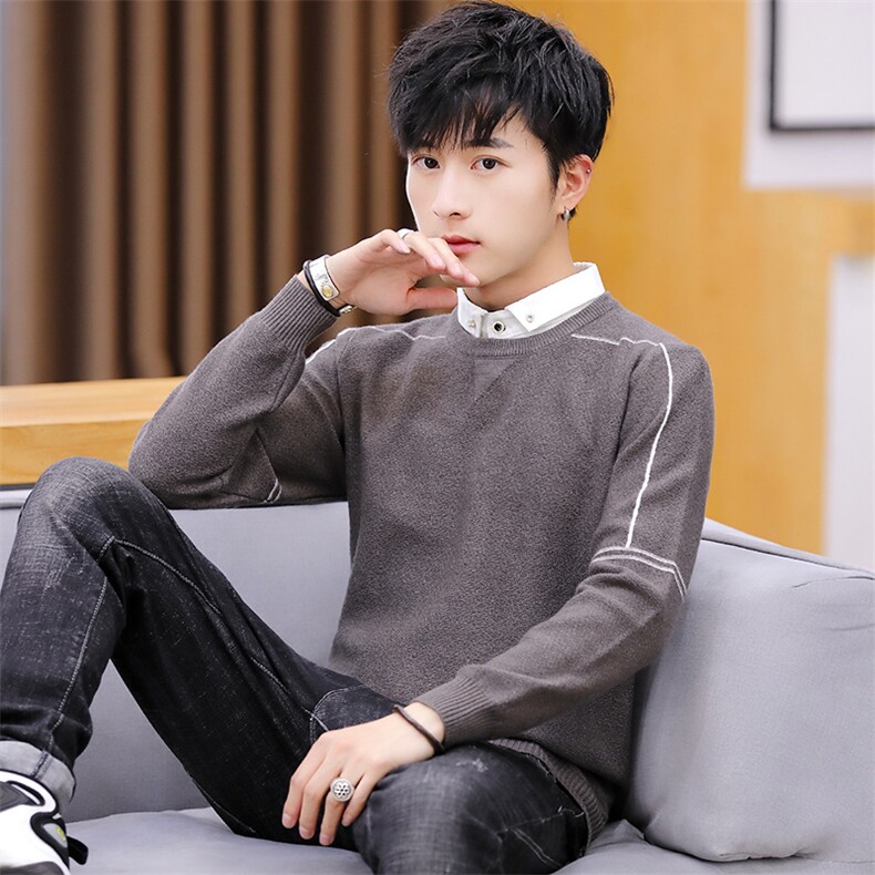 家乐6774衬衫领假两件男潮流针织线衫长袖薄圆领套头打底毛衣,男装针织衫/毛衣,电商D310（原电商305）
