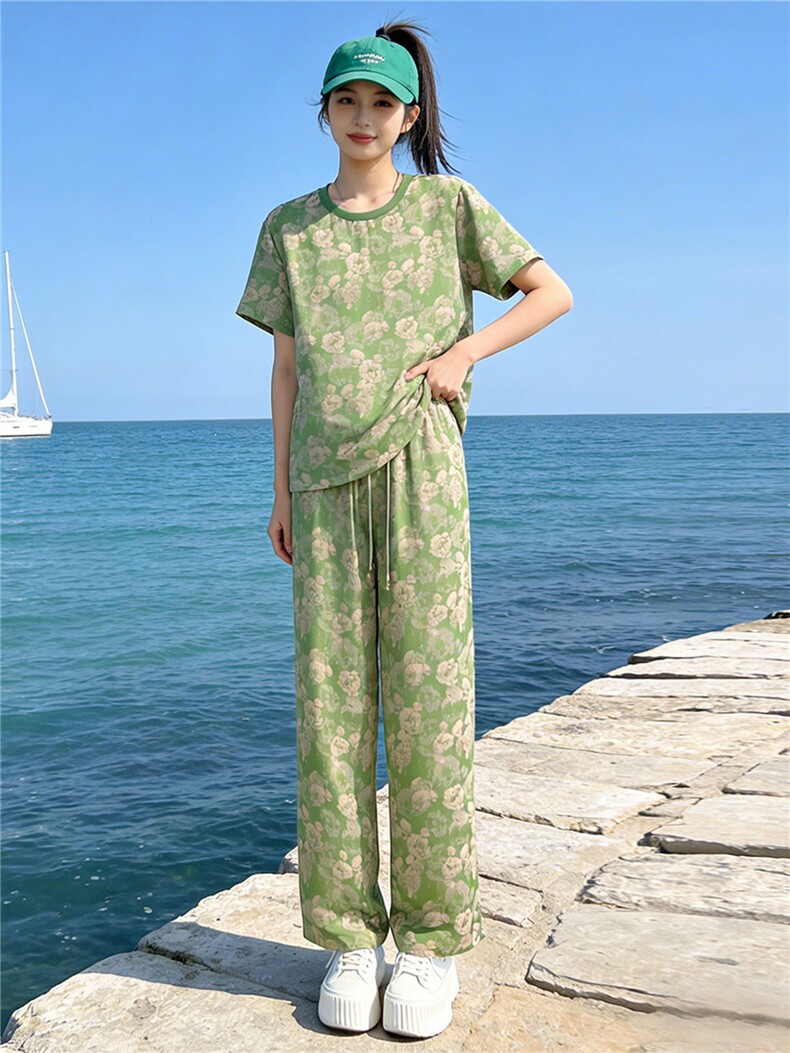 女夏季新款高端时尚花色短袖T恤套装宽松显瘦抽绳阔腿裤两件套潮,女装套装/套裙,江南