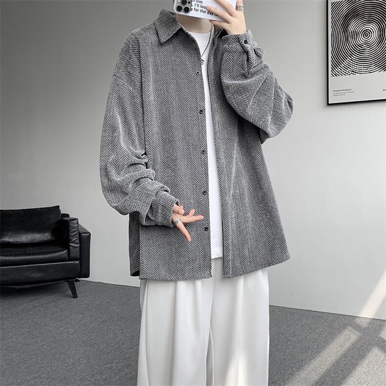 8XL-M人字纹小香风衬衫男生春秋衬衣宽松慵懒垂感外套CS29008P45,男装衬衫,电商B312
