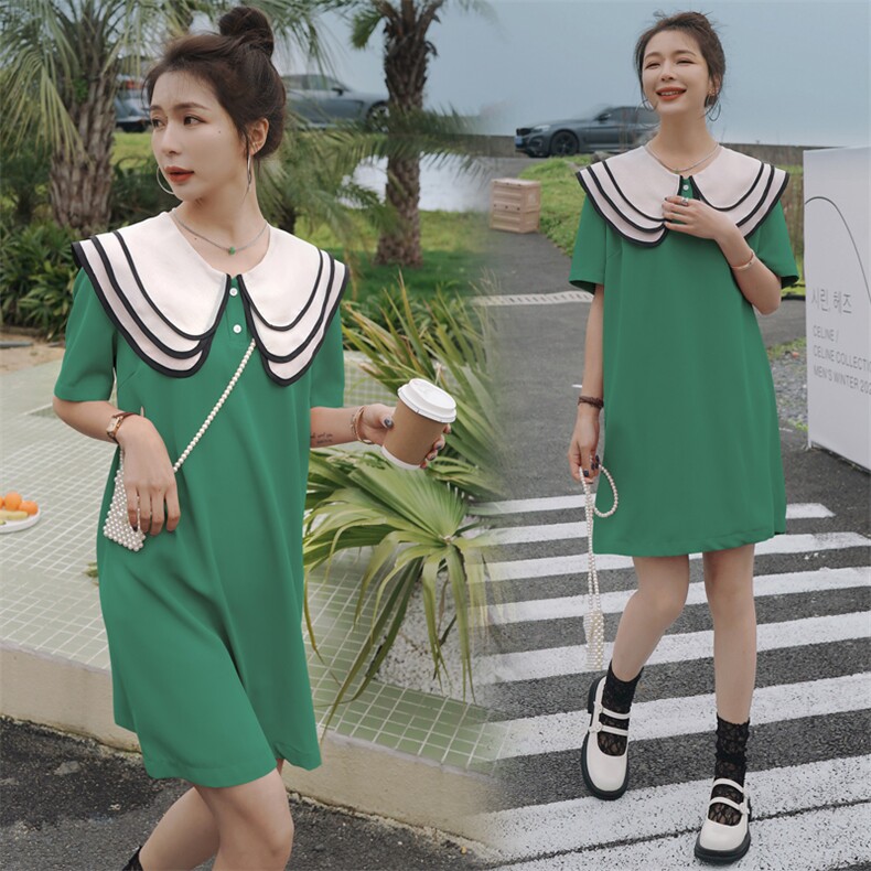 2022年夏款新款时尚娃娃领海军领直筒显瘦百搭连衣裙,女装连衣裙,瑶迪依秀