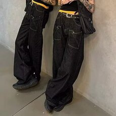 深蓝色弯刀阔腿牛仔裤女秋冬2025新款高腰直筒宽松显瘦拖地镰刀裤，男装牛仔裤，星座506A