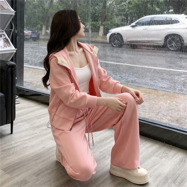 休闲运动套装女春季新款纯色拉链开衫卫衣抽绳阔腿长裤显瘦两件套,女装套装/套裙,2C310