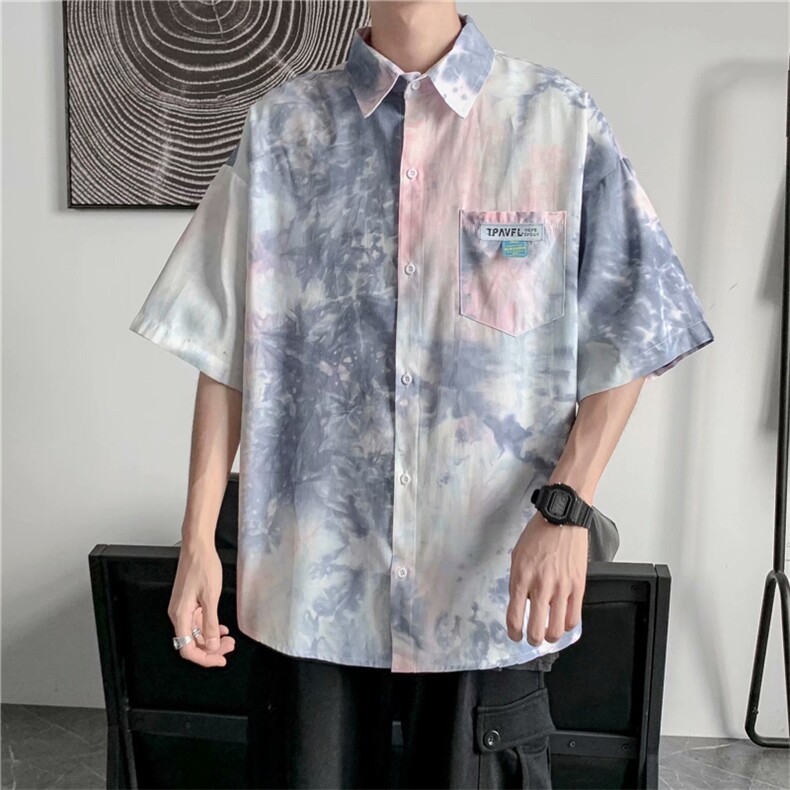 扎染短袖衬衫男潮牌宽松慵懒风半袖衬衣夏季百搭W1021-P30,男装衬衫,星座512-2