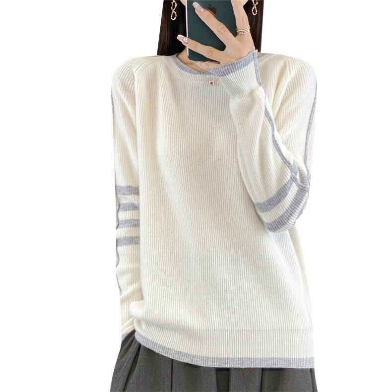 2025秋冬100%纯羊毛衫女圆领套头拼色打底毛衣宽松纽扣羊绒针织衫,女装羊毛衫,狄美羊绒