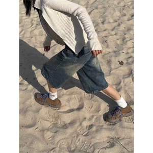 美式复古牛仔短裤五分裤女夏季辣妹低腰直筒宽松水洗七分裤中裤潮图片