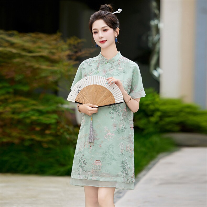 新中式国风重工绣花改良旗袍连衣裙女2024夏季新款流行漂亮裙子,女装连衣裙,英标秀（1C119）
