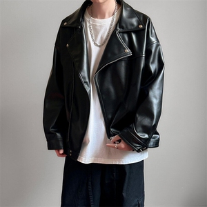 现货-春装皮衣外套男翻领休闲皮夹克潮牌PU机车服A506P90加绒100