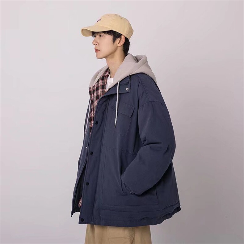 假两件棉衣男冬宽松格子百搭连帽棉服港风帅气棉袄外套MA569P75,男装棉衣,星座1013-5