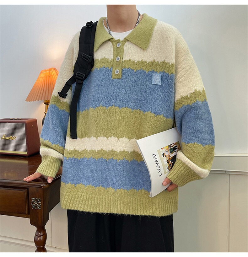秋款男针织衫polo领套头毛衣条纹拼色贴标打底外套M5613 P55图片
