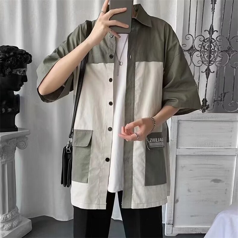 夏季港风男士拼接短袖衬衫宽松休闲百搭衬衣外套,男装衬衫,星座1013