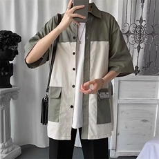夏季港风男士拼接短袖衬衫宽松休闲百搭衬衣外套，男装衬衫，星座1013
