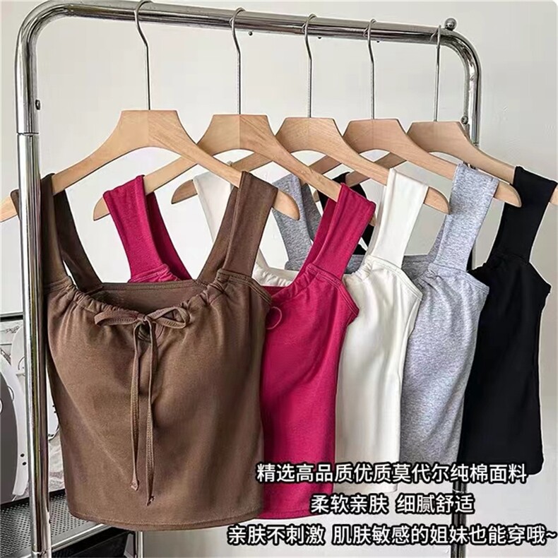 辣妹抽绳吊带背心韩版修身显瘦短款衣夏季外穿坎肩修身内搭上衣，女装背心吊带，梦白服饰厂