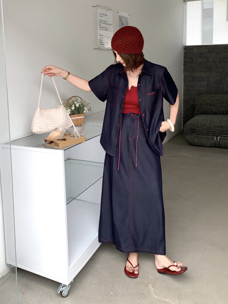 （新款现货）2026夏装短袖大版宽松明线天丝牛仔套装两件套,女装套装/套裙,印象茜
