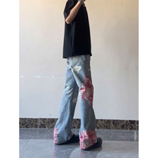 【网图】蕾丝拼接微喇牛仔裤直筒美式高街hiphop裤子NZK14LL-P65，男装牛仔裤，星座1007（原301D）