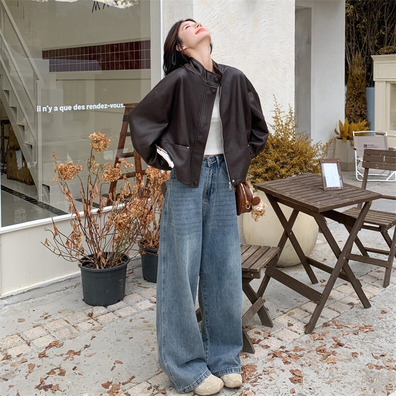 棕色抽绳立领皮衣外套女2025秋新款酷盐系复古宽松小个子百搭夹克,女装皮衣,2C283