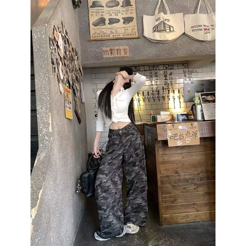 复古迷彩口袋洋气阔腿工装裤女春季2025新款美式辣妹高腰休闲长裤,男装牛仔裤,星座218-8