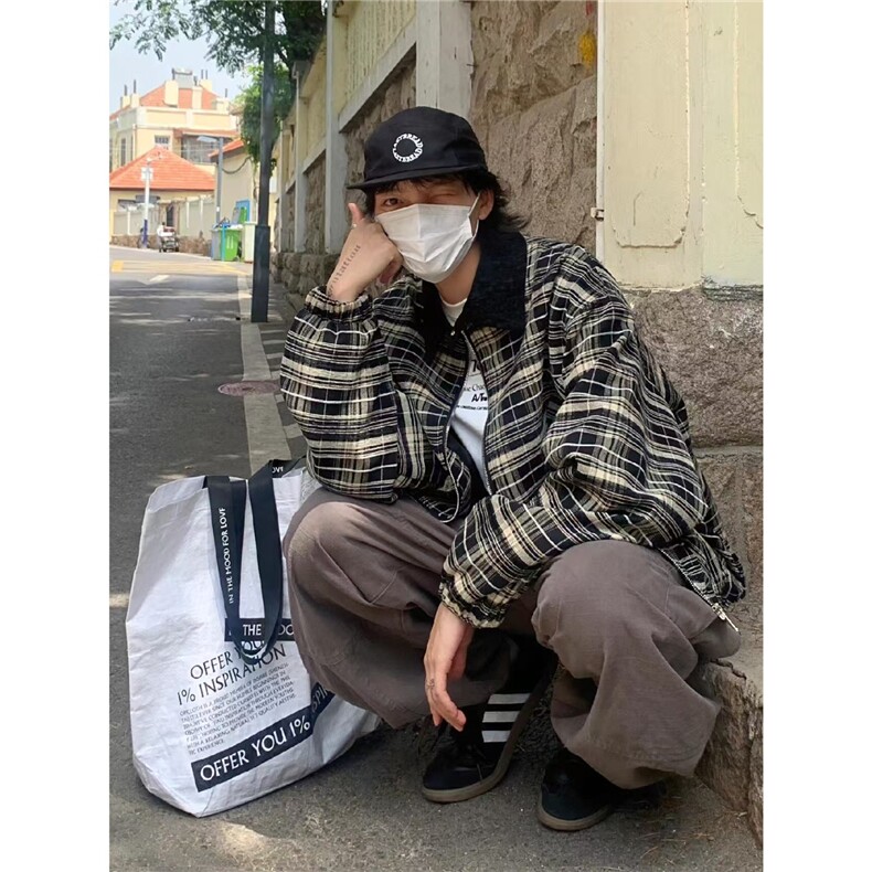 春秋美式短款格子纹夹克男百搭宽松休闲翻领外套潮上衣HH912P88,男装夹克,星座1013-5
