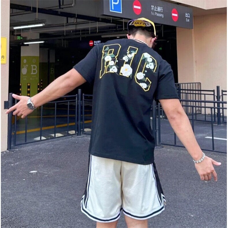 美式复古山茶花语刺绣t恤短袖男款夏季潮牌高街黑色潮半袖女,男装T恤,星座601-1