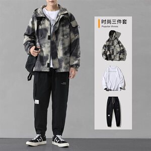 男装2021春秋季新款迷彩夹克套装男士韩版潮流工装三件套DF155T图片