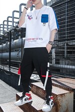 2023夏季潮流时尚T恤男装青少年宽松棉质ins圆领套装F160P75，男装休闲套装，电商A086
