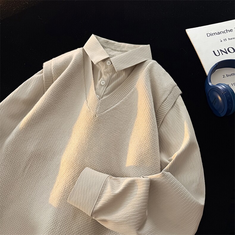 主推款男士假两件衬衫领新款刺绣针织打底衫CS91-P68，男装T恤，电商B278