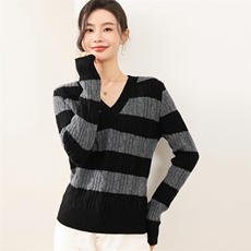 2025年秋季长袖宽条V领麻花时尚百搭通勤简约休闲，女装羊毛衫，锦弘羊绒